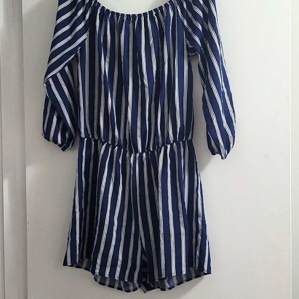 3 for $30 Off shoulder blue and white romper